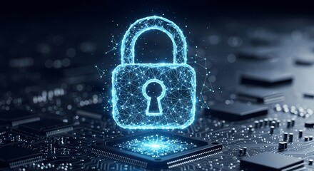 Glowing Digital Padlock Above Microchip Symbolizing Cybersecurity and Data Protection