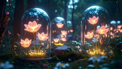 Obraz premium Enchanted Forest with Glowing Lotus Flowers Under Glass Domes at Night.