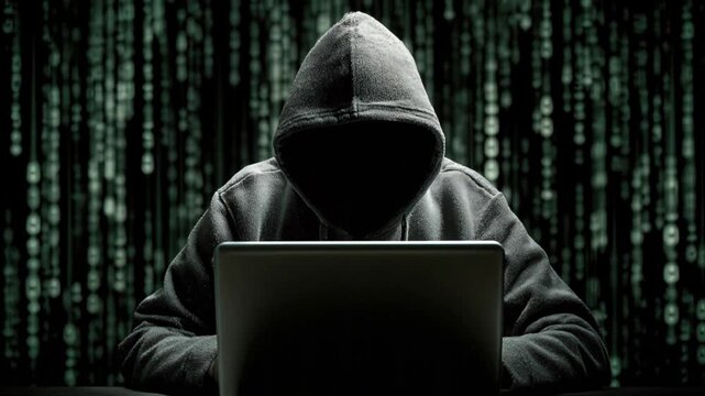 AI generated hooded hacker typing on laptop, immersed in a digital code matrix background, symbolizing cybersecurity threats and data privacy. High-tech video footage. - Powered by Adobe
