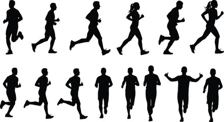 Running people silhouettes set, vector illustration collection of men and women jogging, marathon runners training figures isolated on white background.