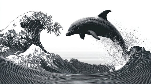 Silhouette of dolphin jumping over ocean wave, simple vector concept symbolizing joy and freedom, ideal for travel or marine-life themes.