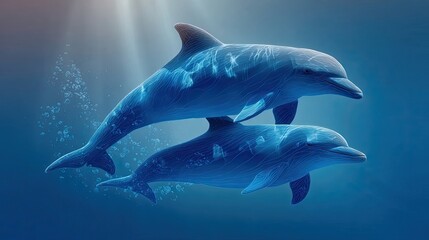 Fototapeta premium Silhouette of dolphin pair swimming together, harmony and unity concept, minimalist vector ideal for love and freedom themes.