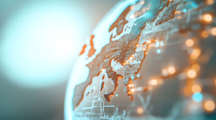 Close-up view of a globe highlighting Europe with digital lights, representing global connectivity and technological advancement.