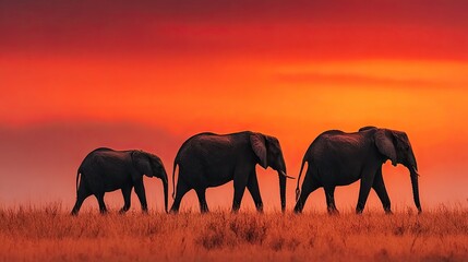 Silhouette of elephant family walking in savannah grassland, warm sunset background concept, perfect for nature, travel, or wildlife conservation themes.