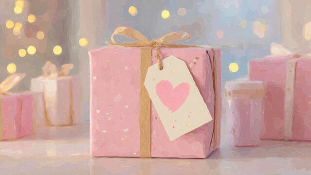 ハートタグの付いたピンクギフトボックス 可愛い贈り物イラスト