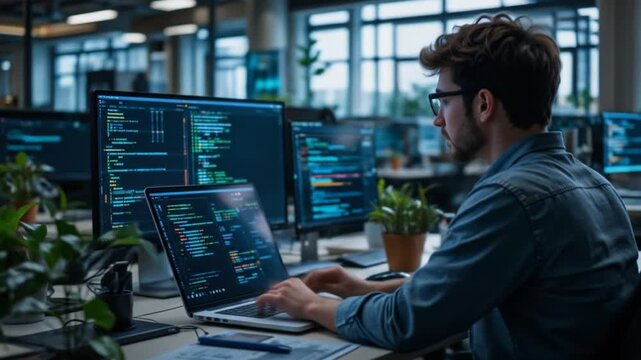 A Programmer Coding on a Laptop in a Modern Office Environment. 4k Video