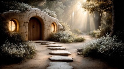a peaceful outdoor scene featuring a stone hut with glowing windows surrounded by lush greenery and sunlight streaming through trees