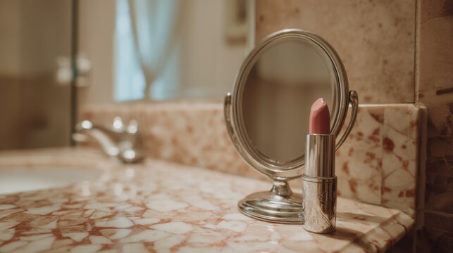 Elegant lipstick on luxurious marble countertop with mirror in stylish bathroom setting for beauty and lifestyle themes