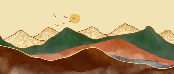 Mountain landscape watercolor painting illustration with line art texture. Mountain background for wall art prints, poster Art Decoration, banner