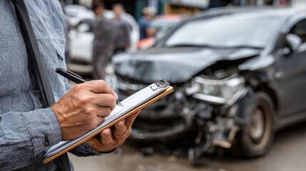 Detailed Accident Report by Insurance Adjuster at a Vehicle Crash Scene with a Damaged Car