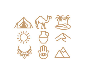 Minimalist desert travel and ancient culture icon collection for adventure and spiritual journeys