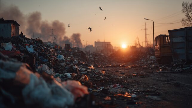 Beautiful Sunset Over Polluted Landfill with Industrial View and Birds in Flight - Powered by Adobe
