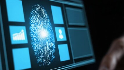 Futuristic AI generated digital fingerprint scan for secure access and data protection. Biometric authentication technology concept video. - Powered by Adobe