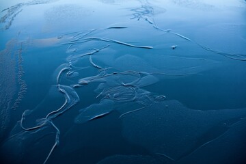 Serene blue frozen waters with elegant sand patterns, tranquil and calming abstract nature backdrop