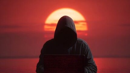 Anonymous hooded figure coding on a laptop with binary data at sunset over the ocean