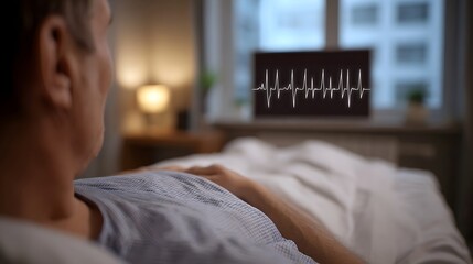 Patient rests peacefully in a dimly lit bedroom with a detailed cardiogram waveform displayed on a screen signifying health monitoring