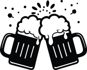 Two frothy beer mugs clinking together in a celebratory black and white