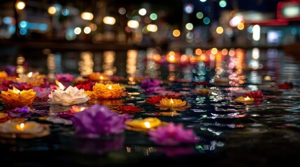 Colorful Floating Lotus Flowers on Water with Reflections and Bokeh Lights in Evening Scene