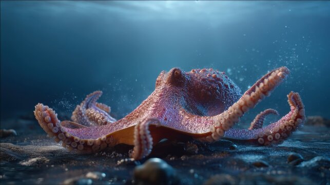 Colorful Octopus Displaying Tentacles in Underwater Environment with Bubbles and Beautiful Lighting Effects - Powered by Adobe