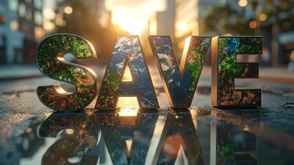 Save Earth conceptual illustration of sustainability and environmental preservation on a city street