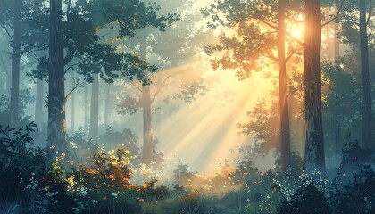Sunlight Filtering Through a Misty Forest - A Serene Natural Scene.