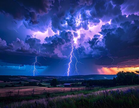 A dramatic landscape featuring powerful lightning during a storm