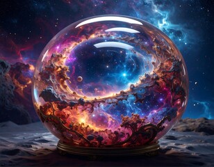 A cosmic swirl of nebulae and stars within a glass sphere