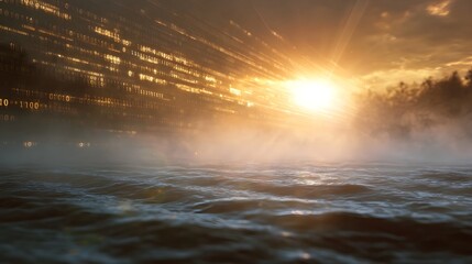 Sunrise over misty water with a stream of binary code and sun rays