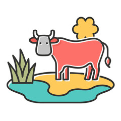 Red cow standing on a yellow field near a pond