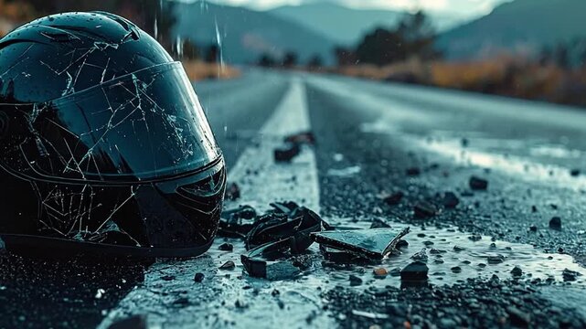 The aftermath of a tragic motorcycle accident with a shattered helmet lying on the empty asphalt road