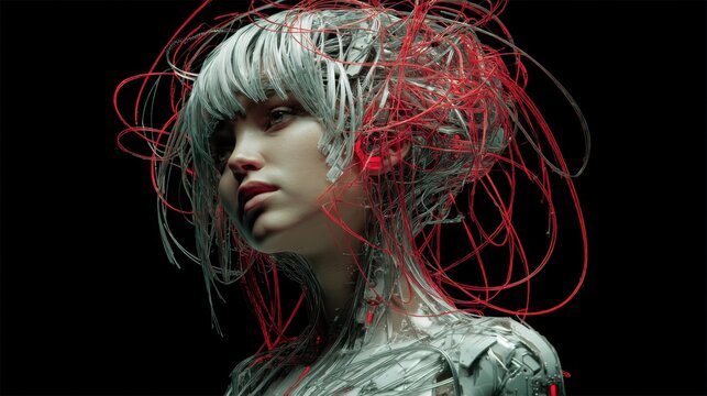 Futuristic cyborg female model with abstract hairstyle and glowing wires in a dark digital environment - Powered by Adobe
