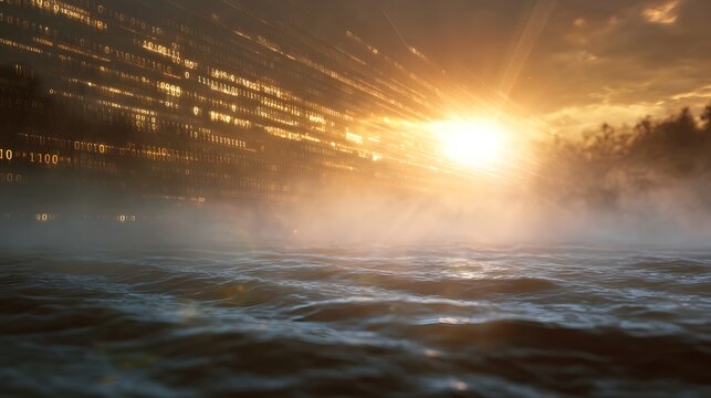 Sunrise over misty water with a stream of binary code and sun rays - Powered by Adobe