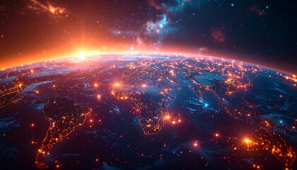 Spectacular View of Earth from Space with City Lights and Sunrise.