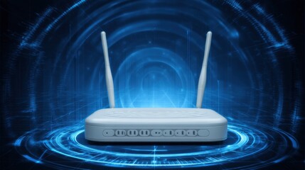 Modern Wireless Router with Antennas and Digital Display on Futuristic Blue Background for Technology Concepts