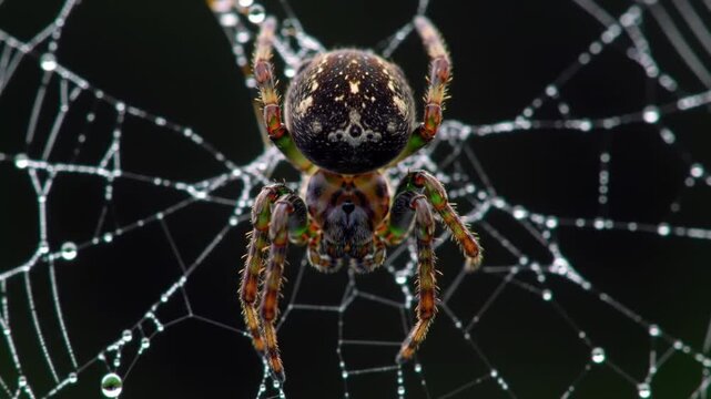 Macro shot of a spider on its dewy web in the dark nature