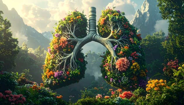 Lungs shaped like trees in a lush forest symbolizing environmental health and clean air. - Powered by Adobe