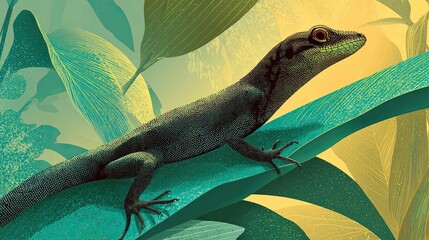 Silhouette of gecko on tropical leaf, exotic wildlife vector perfect for nature, rainforest, or travel stock imagery.