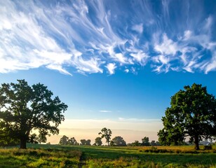 A vibrant, sunny landscape showing a field with trees silhouetted against a bright blue sky filled with wispy clouds