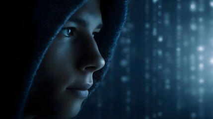Close up profile of a young person in a dark hood looking intently into a glowing blue digital stream with abstract binary code