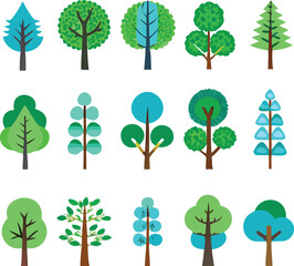 Fototapeta premium A colorful collection of simplified stylized trees in various green and blue