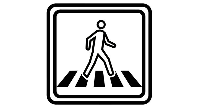 Pedestrian Crossing Sign: Depicting a universal symbol of pedestrian safety, a black-and-white sign showing a person traversing a designated crosswalk, essential for urban landscapes.