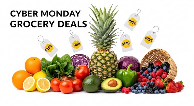 Cyber monday grocery deals with fruits and vegetables for shop advertisement sale - Powered by Adobe