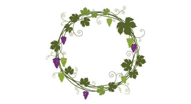 A beautiful circular wreath frame made of green grapevine leaves tendrils and purple and green grapes on a white background.