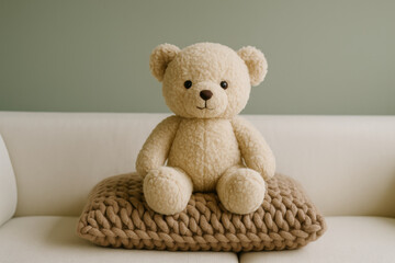Obraz premium Adorable soft plush bear sitting on chunky knit cushion, cozy plush toy decor in minimal living room interior