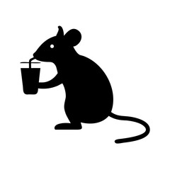 Black silhouette icon of a mouse drinking juice.
