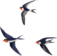 A depiction of three swallow birds gracefully soaring through the open sky