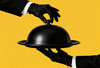 Two gloved hands in formal attire holding and lifting a black cloche from a serving plate against a yellow backdrop