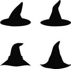 Fototapeta premium Four black silhouette witch hats isolated on a plain white background design