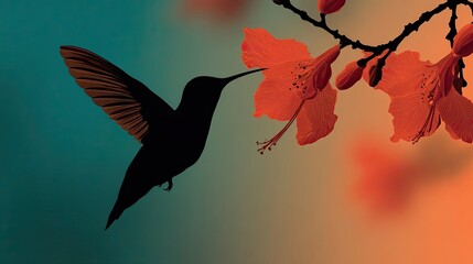 Silhouette of hummingbird hovering near flower, elegant vector ideal for spring, nature, or peaceful wildlife illustrations.
