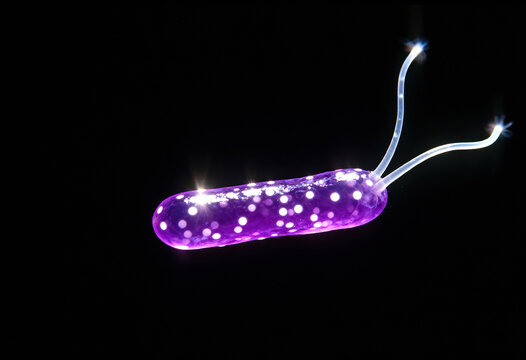 Vibrant purple bacteria with white glowing spots and multiple flagella on a sleek black background - Powered by Adobe